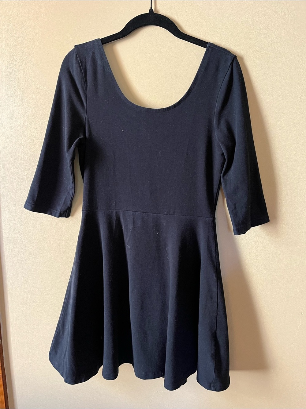Express Black Fit-and-Flare Dress with Scoop Neck and Blue Zipper Accent